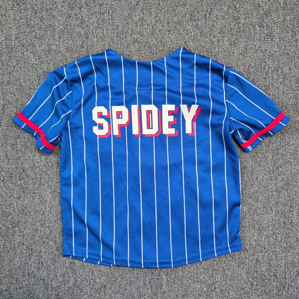 Marvel Spiderman Baseball Jersey Size 7 Blue Pinstripe Button Down Sporty Shirt - Picture 6 of 9
